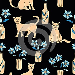 Cute Cats, Gasless, Bottles and Flowers. Seamless Vector Repeat Patterns