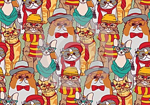 Cute cats group fashion hipster seamless pattern.
