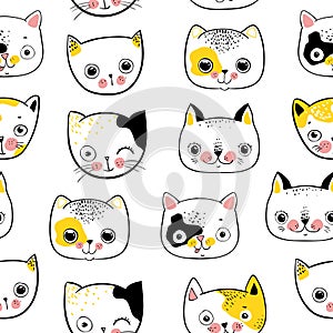 Cute cats hads colorful seamless pattern background