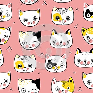 Cute cats hads colorful seamless pattern background