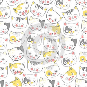 Cute cats hads colorful seamless pattern background