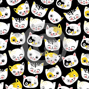 Cute cats hads colorful seamless pattern background