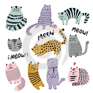 Cute cats hand drawn set. Funny kitten characters doodle illustration. Flat pets vector.