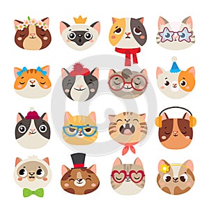 Cute cats heads. Cat muzzle, domestic kitty face wearing hat, scarf and color party glasses isolated cartoon vector set photo