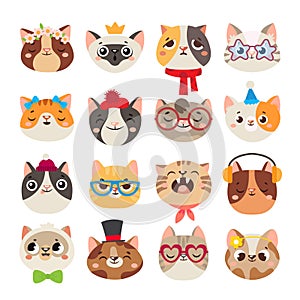 Cute cats heads. Cat muzzle, domestic kitty face wearing hat, scarf and color party glasses isolated cartoon vector set