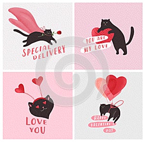 Cute cats in love. Romantic Valentines Day greeting card or poster. Flying cat on balloon, special delivery. Flyers