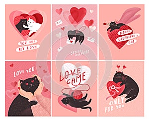 Cute cats in love. Romantic Valentines Day greeting card or poster. Kitten fly on balloon with envelope, hero cat with