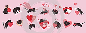 Cute cats in love. Romantic Valentines Day set for greeting card or poster. Cat give heart, kitten in hands, hero cat with rose,