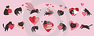 Cute cats in love. Romantic Valentines Day set for greeting card or poster. Cat give heart, kitten in hands, hero cat