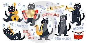 Cute cats musical jazz band playing music instrument, singing song set vector illustration