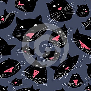 Cute cats seamless pattern. Background with pets in doodle style