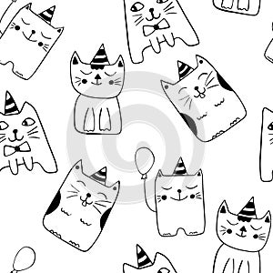 Cute cats seamless pattern. Black and white outline background of cartoon characters. Vector illustration