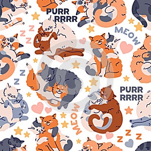 Cute cats, seamless pattern. Kitties, love couples hugging, repeating print. Endless feline valentines background