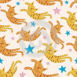 Cute cats seamless pattern with stars funny drawing. Vector texture of sleepy kitten cat decoration background for baby, kids, and