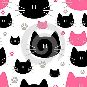 Cute cats seamless pattern, sweet kitty, texture for wallpapers, fabric, wrap, web page backgrounds, vector illustration