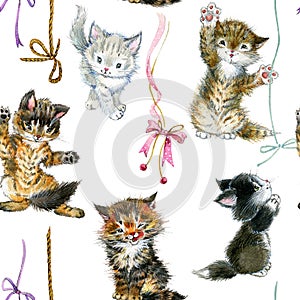 Cute Cats seamless pattern. watercolor funny kittens illustration