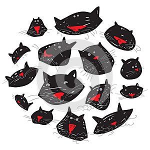 Cute cats set in round silhouette. Black pets in doodle style