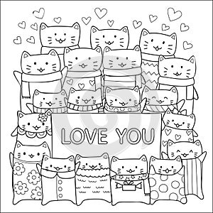 Cute cats showing love via label design for wallpaper art,printed tee and coloring book page for kids. Vector illustration