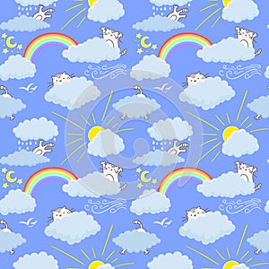 Cute cats in the sky happy childish seamless pattern design. Texture for wallpapers, fabric, wrap, web page backgrounds, vector