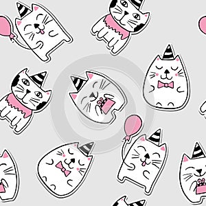 Cute cats stickers seamless pattern. Black, white and pink repeating background of cartoon characters. Vector illustration