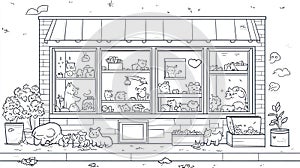 Cute cartoon pets in a pet shop window, line art, adorable animals