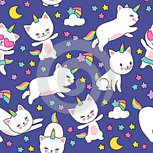Cute cats unicorn vector seamless pattern for kids textile print photo