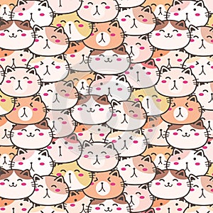 Cute Cats Vector Pattern Background. Fun Doodle.