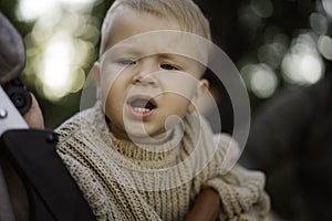 cute caucasian baby boy sitting in a buggy