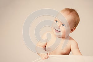 Cute Caucasian Baby Smile Copy Space Portrait. toned image