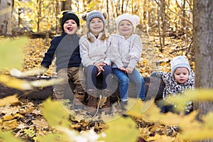 Cute caucasian kids on fall season outdoors sit on log