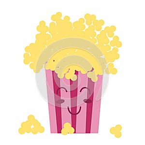 Cute Cawai Pop Corn Popcorn. Cinema Snack. Vector illustration Cartoon character Icon. Pink little popcorn stripes