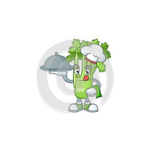 Cute celery plant as a Chef with hat and tray cartoon style design