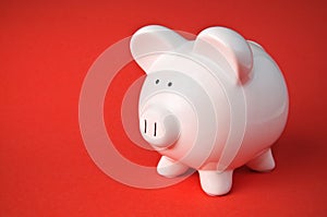 Cute Ceramic Piggy Bank on Red Background