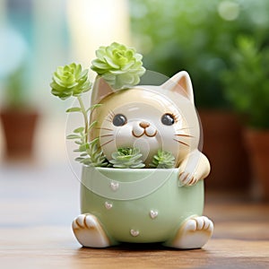 Cute Ceramic Potted Cat With Succulents - Handmade Pet Calming Flowerpot