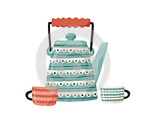 Cute ceramic teapot with cups. Painted kettle isolated on white background. Kitchen crockery. Tea party concept. Hand