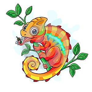 Cute chameleon cartoon on a tree