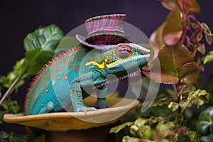 Cute chameleon lizard wearing a top hat