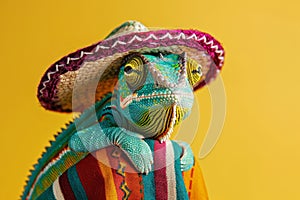 a cute chameleon portrait dressed in mexican sombrero hat and clothing. Cinco de Mayo celebration
