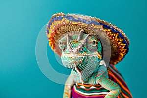 a cute chameleon portrait dressed in mexican sombrero hat and clothing. Cinco de Mayo celebration