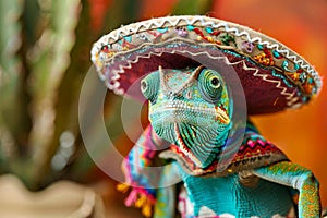 a cute chameleon portrait dressed in mexican sombrero hat and clothing. Cinco de Mayo celebration