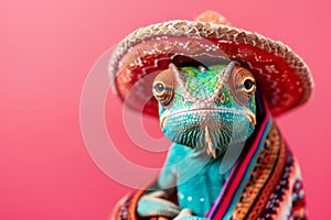 a cute chameleon portrait dressed in mexican sombrero hat and clothing. Cinco de Mayo celebration