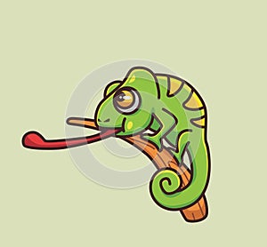 cute chameleon showing his long tongue. cartoon animal nature concept Isolated illustration. Flat Style suitable for Sticker Icon