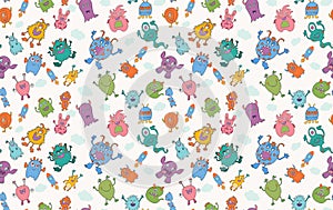 Cute character cartoon baby alien. Vector seamless pattern. Amusing baby beast. Bizarre and funny monster. Fantasy creatures.Funny