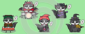Cute Character Cartoon of Raccoon Halloween music Band