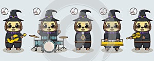 Cute Character Cartoon of Sloth music Band Wizard