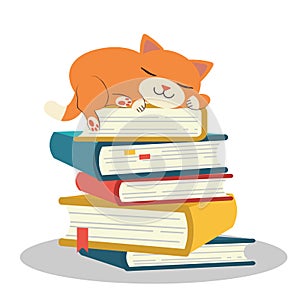 The Cute character of cat sleeping on pile of book. cat sleeping. pile of book . lazy cat is sleeping. sleeing on a book.study by
