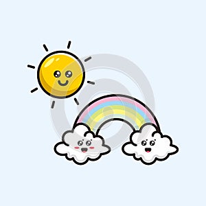 Cute character of clouds with a rainbow and the sun illustration vector