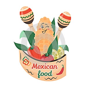 Cute character corn with national elements, vegetables and frame. Mexican food. Doodle drawn vector illustration for dishes, menu