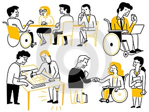 Cute character doodle illustration of. disabled business people at work