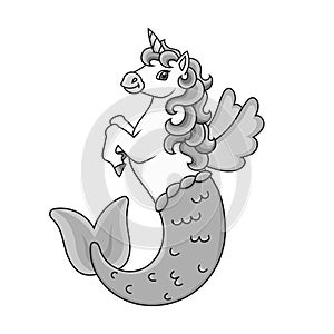 Cute character. Cute mermaid unicorn. Grey vector illustration. cartoon style. Isolated on white background. Design element.